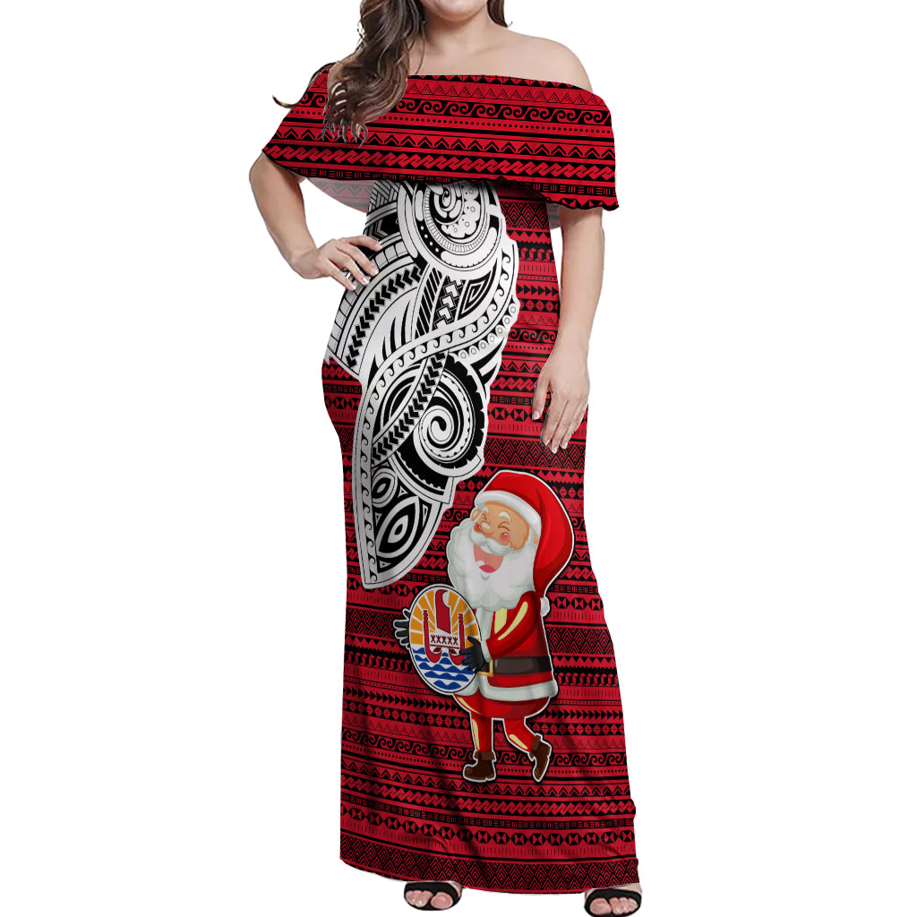 French Polynesia Christmas Off Shoulder Maxi Dress Santa Hold Seal with Polynesian Tribal Tattoo LT03 Women Red - Polynesian Pride