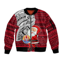 French Polynesia Christmas Sleeve Zip Bomber Jacket Santa Hold Seal with Polynesian Tribal Tattoo LT03 Unisex Red - Polynesian Pride