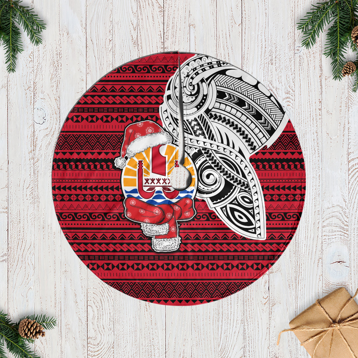 French Polynesia Christmas Tree Skirt Santa Hold Seal with Polynesian Tribal Tattoo LT03 Red - Polynesian Pride