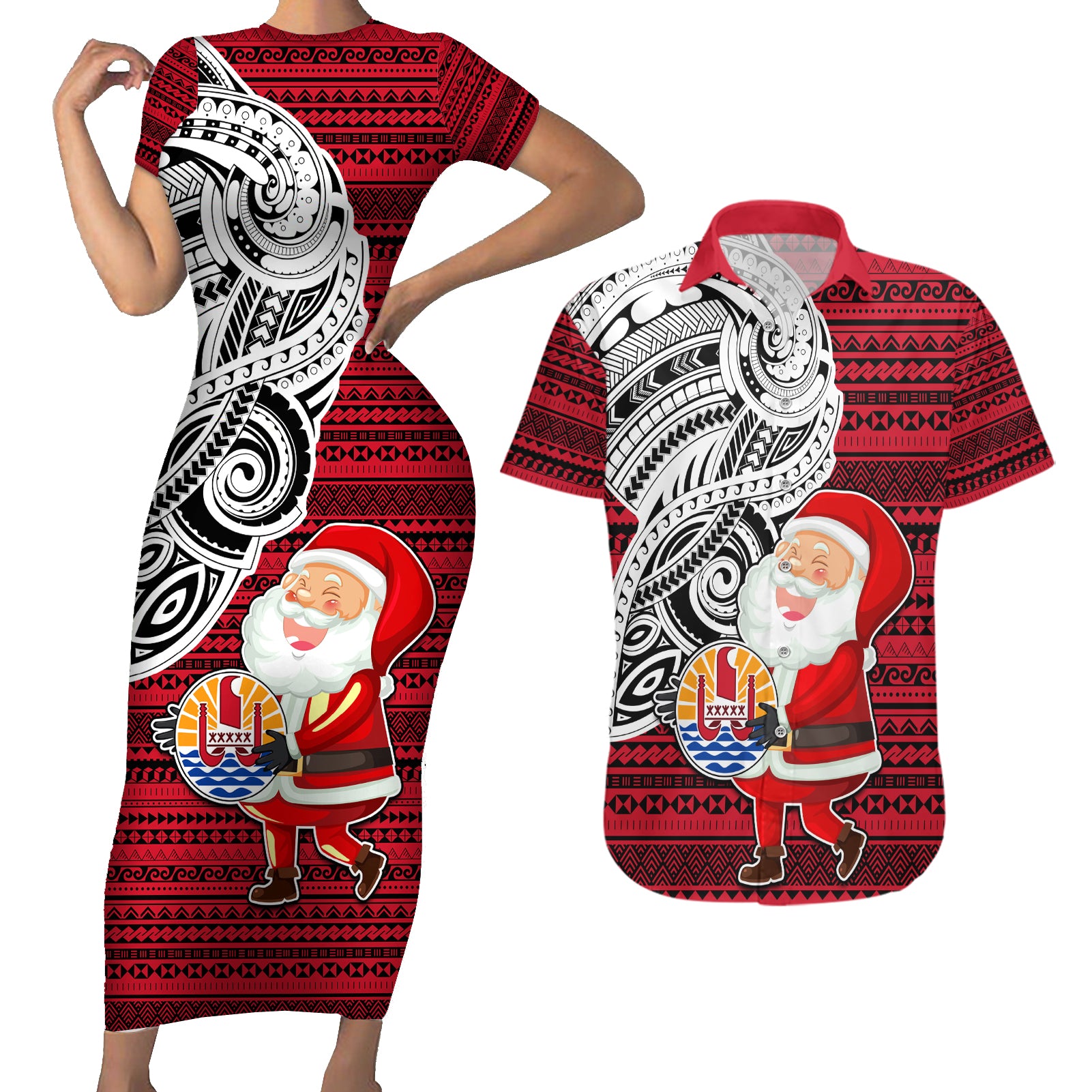 Custom French Polynesia Christmas Couples Matching Short Sleeve Bodycon Dress and Hawaiian Shirt Santa Hold Seal with Polynesian Tribal Tattoo LT03 Red - Polynesian Pride