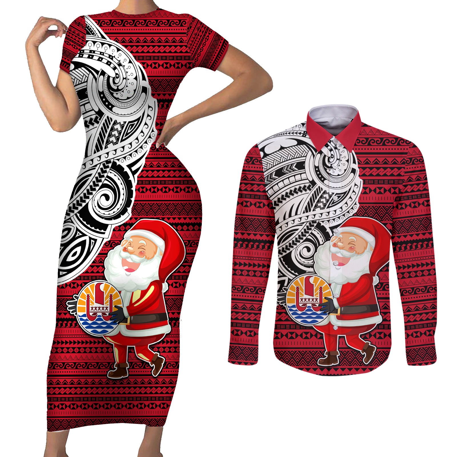 Custom French Polynesia Christmas Couples Matching Short Sleeve Bodycon Dress and Long Sleeve Button Shirt Santa Hold Seal with Polynesian Tribal Tattoo LT03 Red - Polynesian Pride