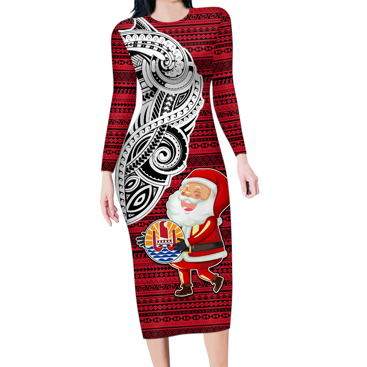 Custom French Polynesia Christmas Family Matching Long Sleeve Bodycon Dress and Hawaiian Shirt Santa Hold Seal with Polynesian Tribal Tattoo LT03 Mom's Dress Red - Polynesian Pride