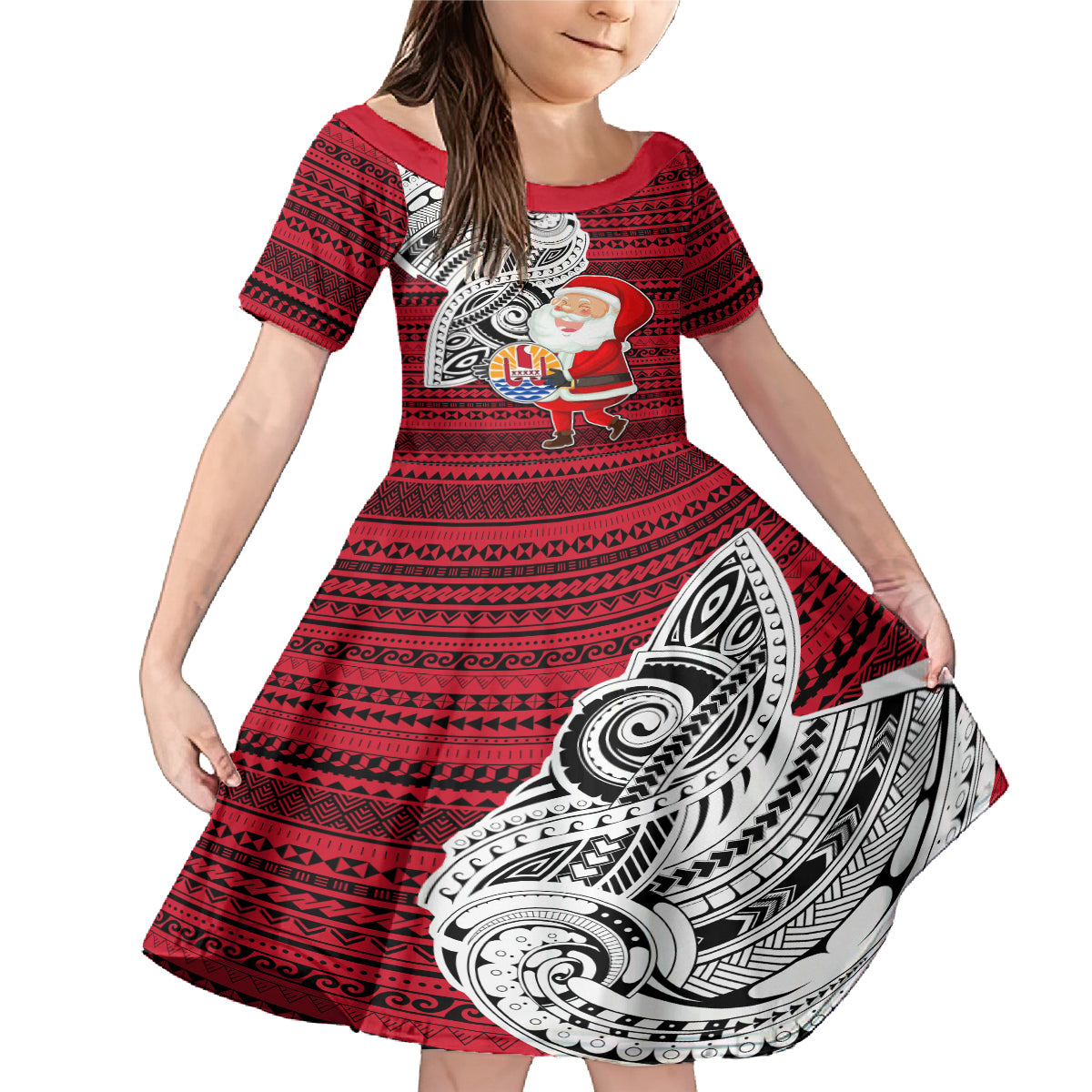 Custom French Polynesia Christmas Family Matching Mermaid Dress and Hawaiian Shirt Santa Hold Seal with Polynesian Tribal Tattoo LT03 Daughter's Dress Red - Polynesian Pride