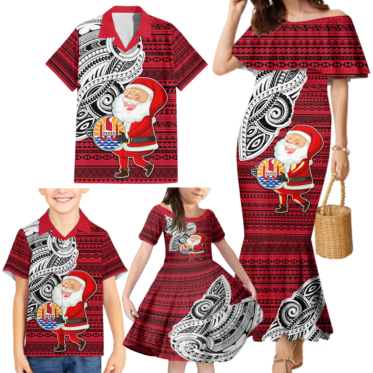 Custom French Polynesia Christmas Family Matching Mermaid Dress and Hawaiian Shirt Santa Hold Seal with Polynesian Tribal Tattoo LT03 - Polynesian Pride