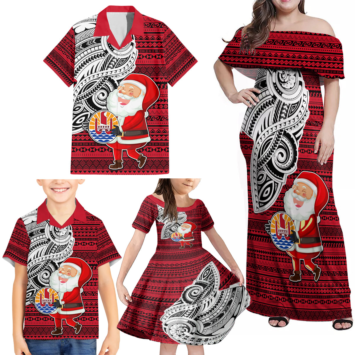 Custom French Polynesia Christmas Family Matching Off Shoulder Maxi Dress and Hawaiian Shirt Santa Hold Seal with Polynesian Tribal Tattoo LT03 - Polynesian Pride