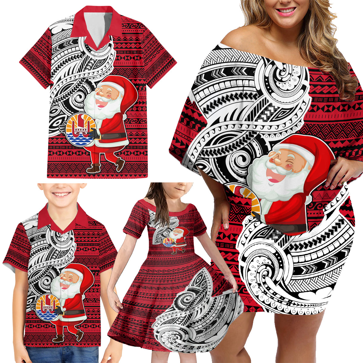 Custom French Polynesia Christmas Family Matching Off Shoulder Short Dress and Hawaiian Shirt Santa Hold Seal with Polynesian Tribal Tattoo LT03 - Polynesian Pride