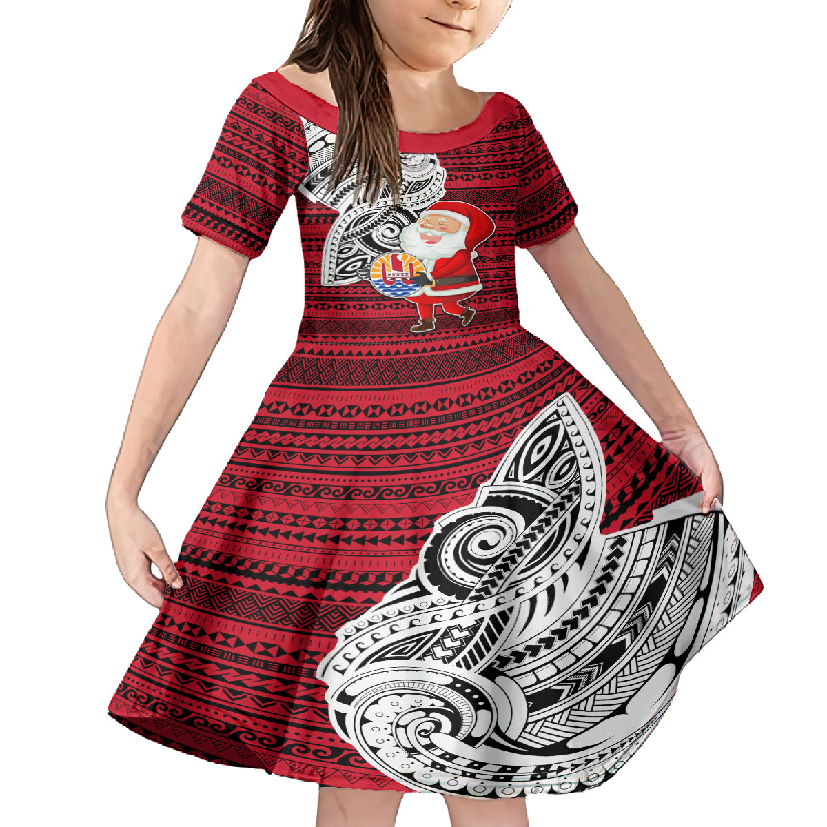 Custom French Polynesia Christmas Family Matching Puletasi Dress and Hawaiian Shirt Santa Hold Seal with Polynesian Tribal Tattoo LT03 Daughter's Dress Red - Polynesian Pride