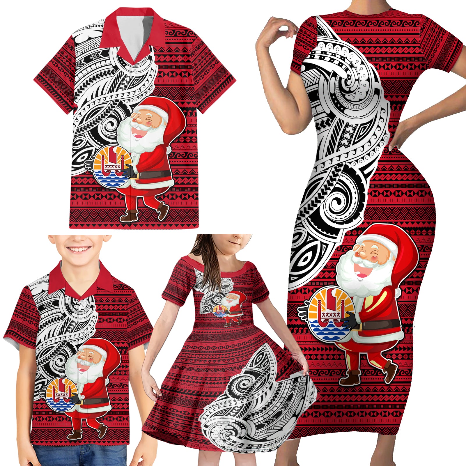 Custom French Polynesia Christmas Family Matching Short Sleeve Bodycon Dress and Hawaiian Shirt Santa Hold Seal with Polynesian Tribal Tattoo LT03 - Polynesian Pride