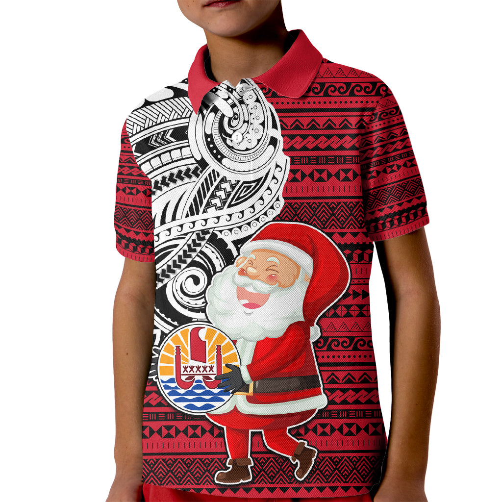 Custom French Polynesia Christmas Kid Polo Shirt Santa Hold Seal with Polynesian Tribal Tattoo LT03 Kid Red - Polynesian Pride