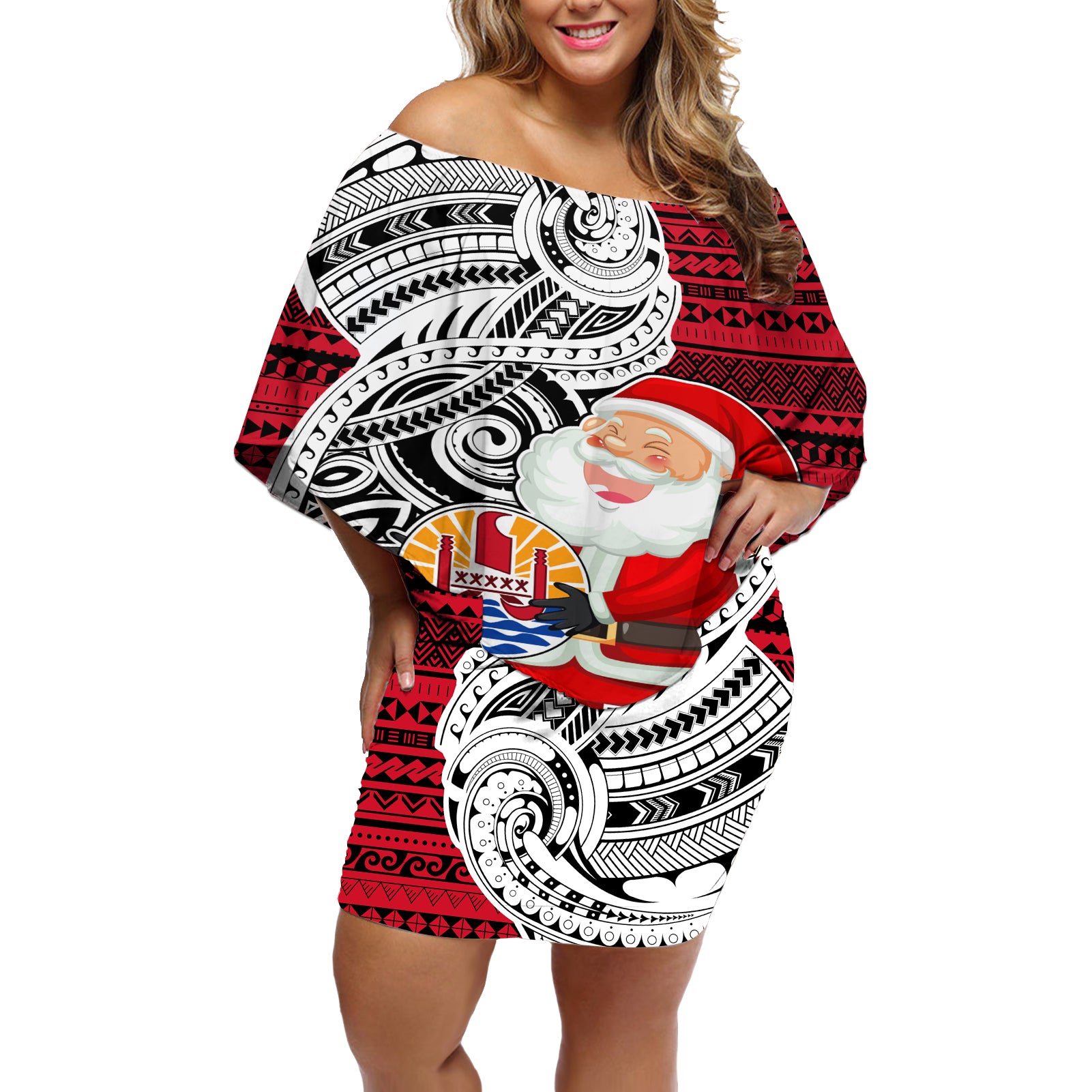 Custom French Polynesia Christmas Off Shoulder Short Dress Santa Hold Seal with Polynesian Tribal Tattoo LT03 Women Red - Polynesian Pride