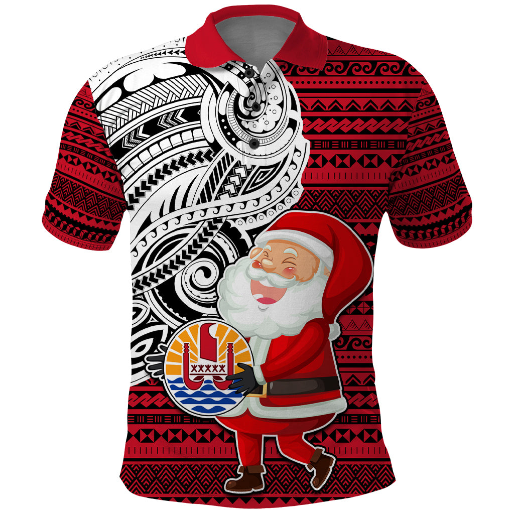 Custom French Polynesia Christmas Polo Shirt Santa Hold Seal with Polynesian Tribal Tattoo LT03 Red - Polynesian Pride