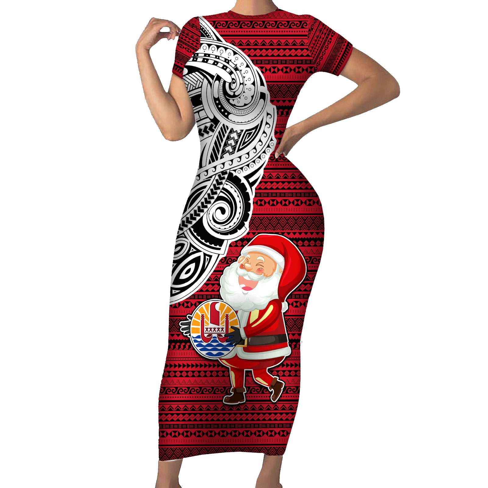 Custom French Polynesia Christmas Short Sleeve Bodycon Dress Santa Hold Seal with Polynesian Tribal Tattoo LT03 Long Dress Red - Polynesian Pride