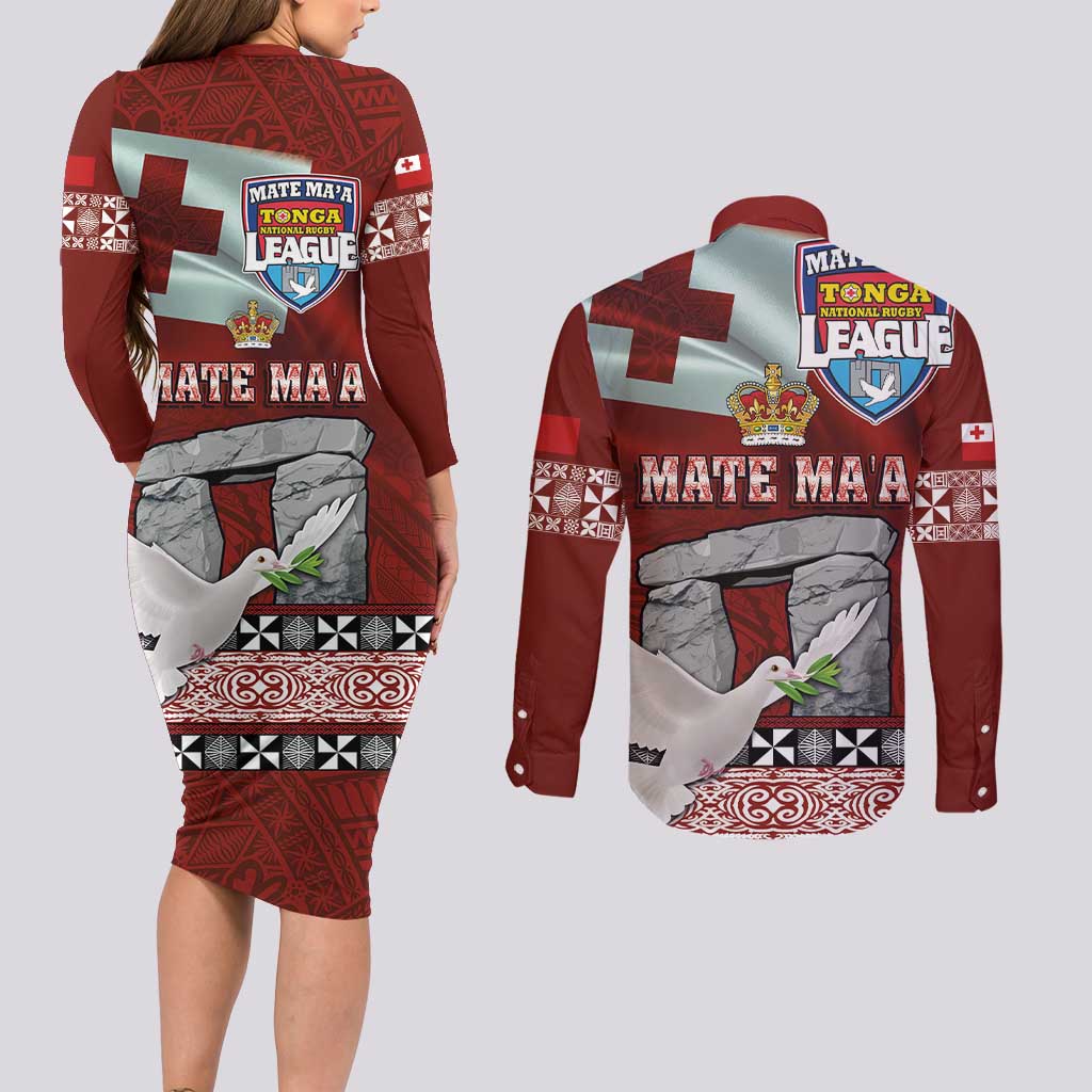 Mate Ma'a Tonga Couples Matching Long Sleeve Bodycon Dress and Long Sleeve Button Shirt Haʻamonga ʻa Maui and White Dove - Tongan Kupesi Ngatu