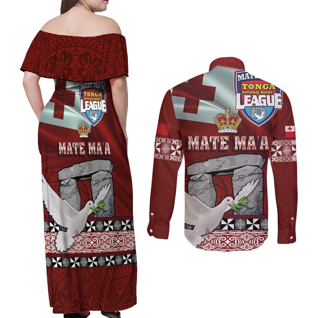 Mate Ma'a Tonga Couples Matching Off Shoulder Maxi Dress and Long Sleeve Button Shirt Haʻamonga ʻa Maui and White Dove - Tongan Kupesi Ngatu