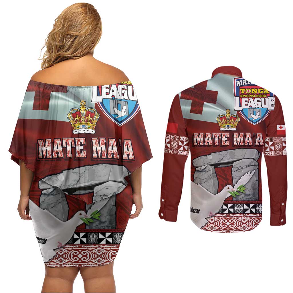 Mate Ma'a Tonga Couples Matching Off Shoulder Short Dress and Long Sleeve Button Shirt Haʻamonga ʻa Maui and White Dove - Tongan Kupesi Ngatu