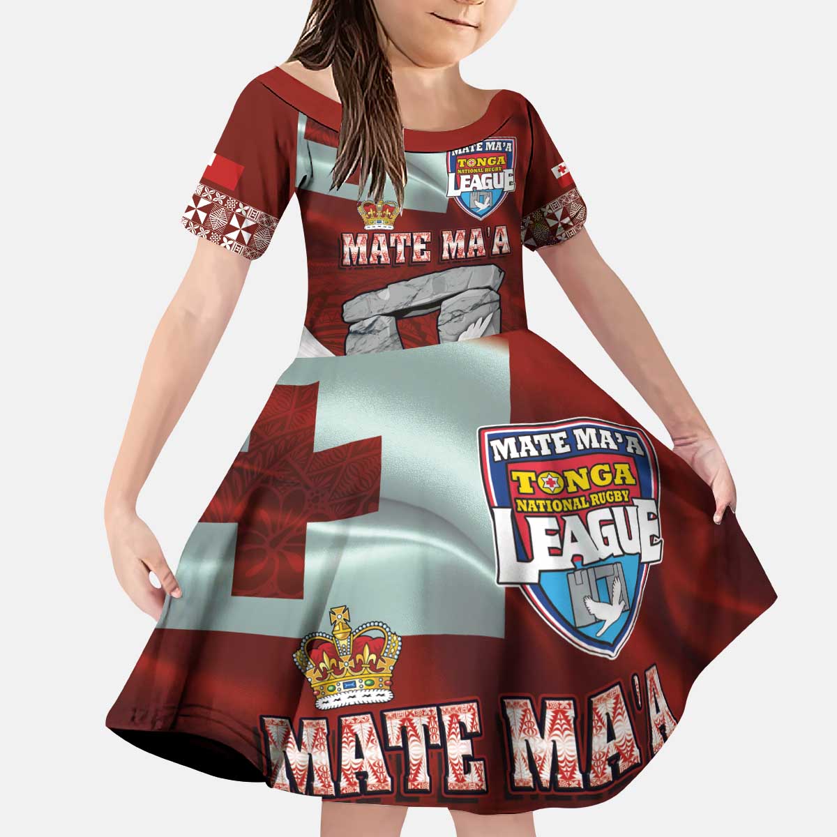 Mate Ma'a Tonga Kid Short Sleeve Dress Haʻamonga ʻa Maui and White Dove - Tongan Kupesi Ngatu