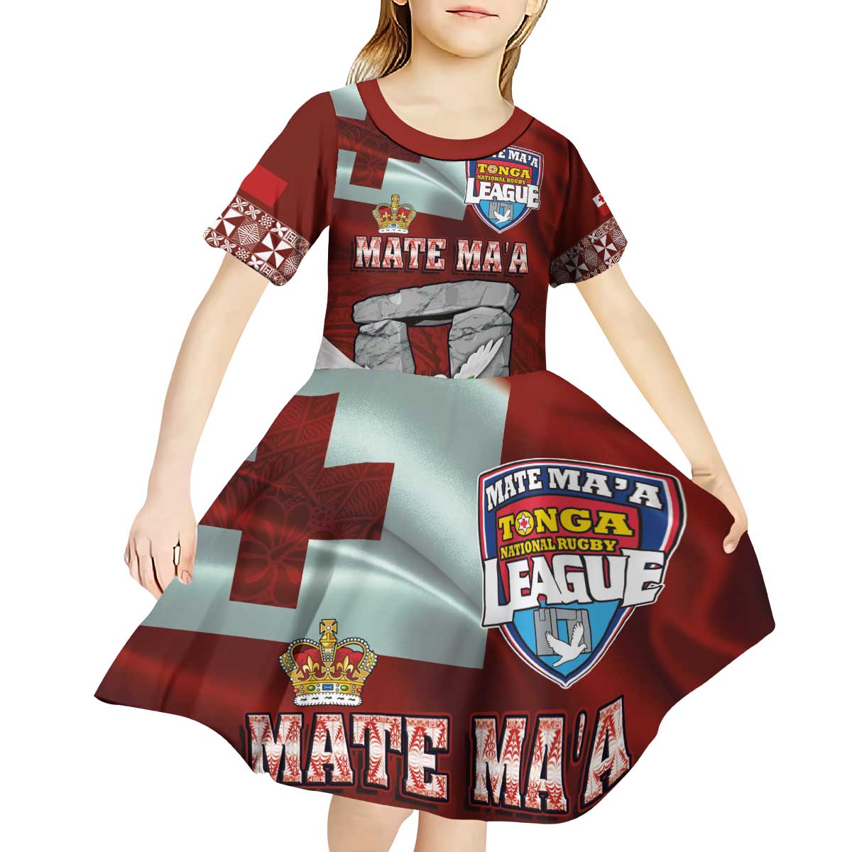 Mate Ma'a Tonga Kid Short Sleeve Dress Haʻamonga ʻa Maui and White Dove - Tongan Kupesi Ngatu