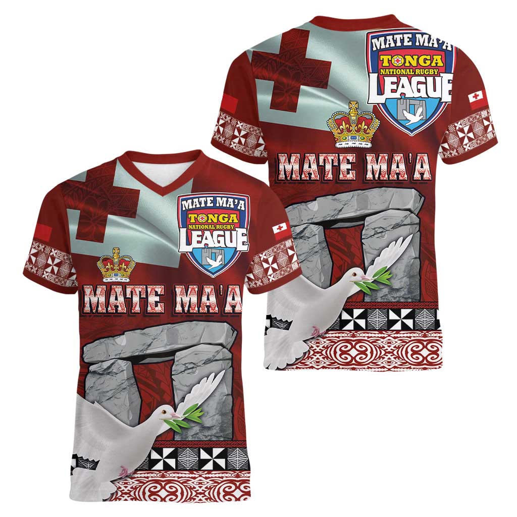 Mate Ma'a Tonga Women V-Neck T-Shirt Haʻamonga ʻa Maui and White Dove - Tongan Kupesi Ngatu