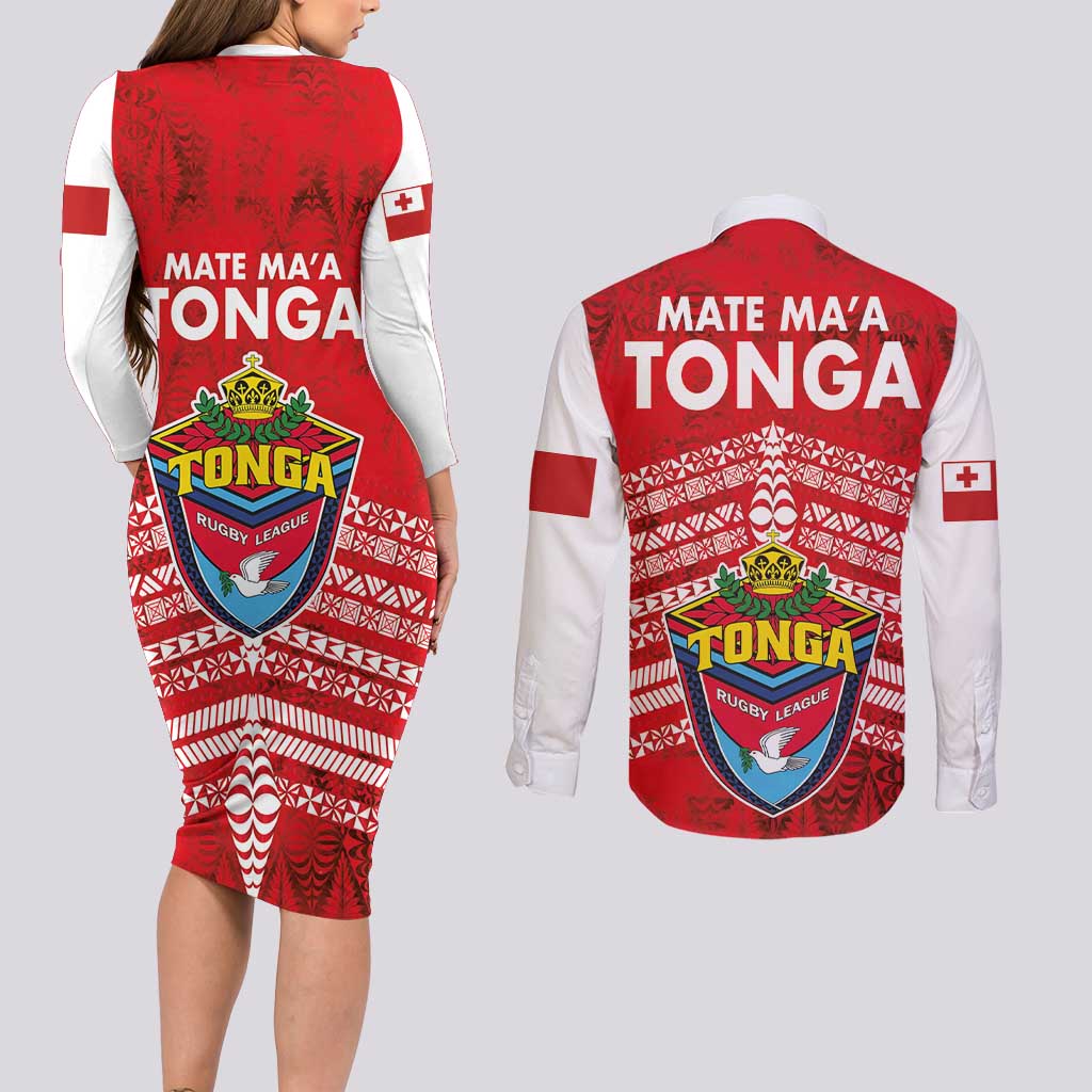 Mate Ma'a Tonga Couples Matching Long Sleeve Bodycon Dress and Long Sleeve Button Shirt Douple White Dove and Kupesi Ngatu Art Tattoo