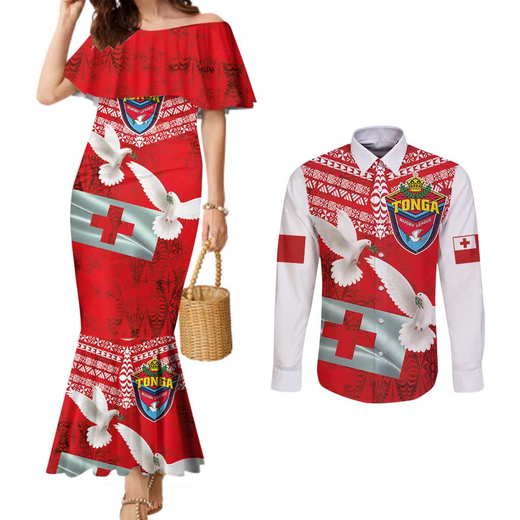 Mate Ma'a Tonga Couples Matching Mermaid Dress and Long Sleeve Button Shirt Douple White Dove and Kupesi Ngatu Art Tattoo