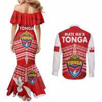 Mate Ma'a Tonga Couples Matching Mermaid Dress and Long Sleeve Button Shirt Douple White Dove and Kupesi Ngatu Art Tattoo