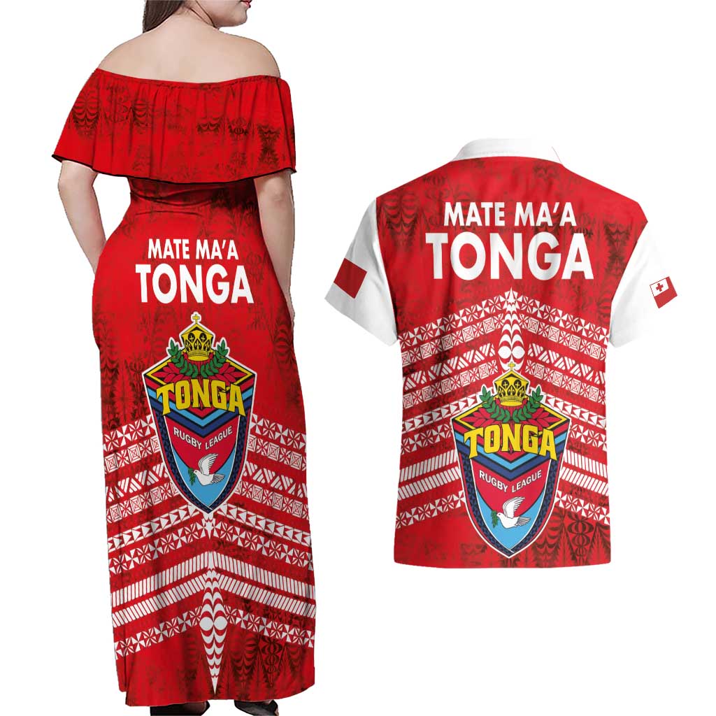 Mate Ma'a Tonga Couples Matching Off Shoulder Maxi Dress and Hawaiian Shirt Douple White Dove and Kupesi Ngatu Art Tattoo