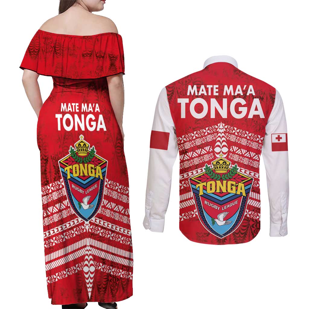Mate Ma'a Tonga Couples Matching Off Shoulder Maxi Dress and Long Sleeve Button Shirt Douple White Dove and Kupesi Ngatu Art Tattoo