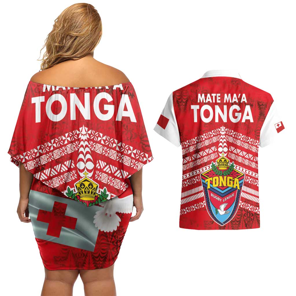 Mate Ma'a Tonga Couples Matching Off Shoulder Short Dress and Hawaiian Shirt Douple White Dove and Kupesi Ngatu Art Tattoo