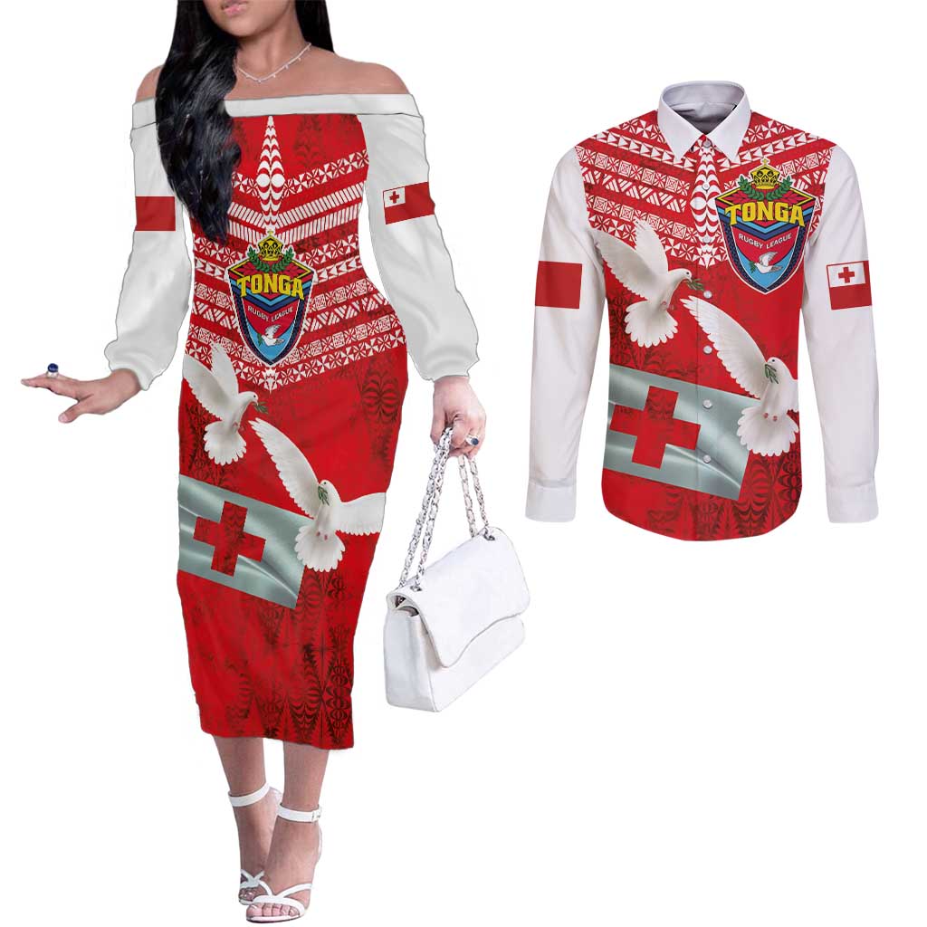 Mate Ma'a Tonga Couples Matching Off The Shoulder Long Sleeve Dress and Long Sleeve Button Shirt Douple White Dove and Kupesi Ngatu Art Tattoo