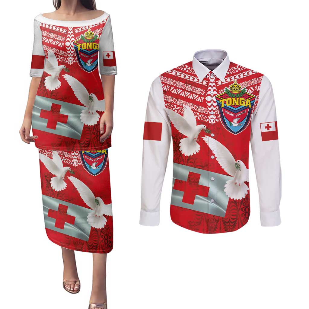 Mate Ma'a Tonga Couples Matching Puletasi and Long Sleeve Button Shirt Douple White Dove and Kupesi Ngatu Art Tattoo