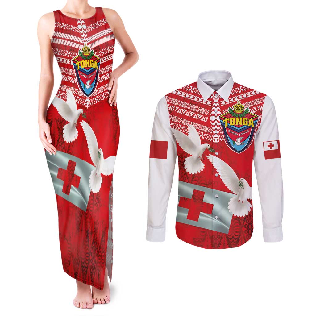 Mate Ma'a Tonga Couples Matching Tank Maxi Dress and Long Sleeve Button Shirt Douple White Dove and Kupesi Ngatu Art Tattoo