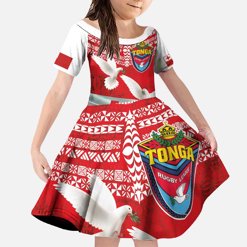 Mate Ma'a Tonga Family Matching Mermaid Dress and Hawaiian Shirt Double White Dove and Kupesi Ngatu Art Tattoo LT03 Daughter's Dress Red - Polynesian Pride