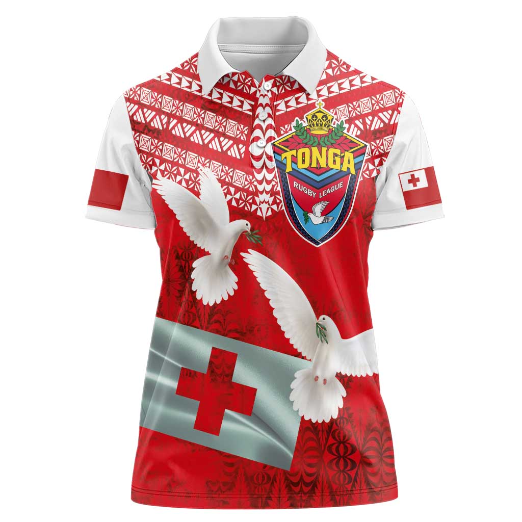Mate Ma'a Tonga Women Polo Shirt - Double White Dove and Kupesi Ngatu Art Tattoo LT03 Female Red - Polynesian Pride