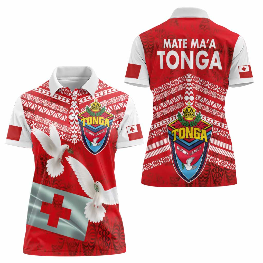 Mate Ma'a Tonga Women Polo Shirt - Double White Dove and Kupesi Ngatu Art Tattoo LT03 - Polynesian Pride