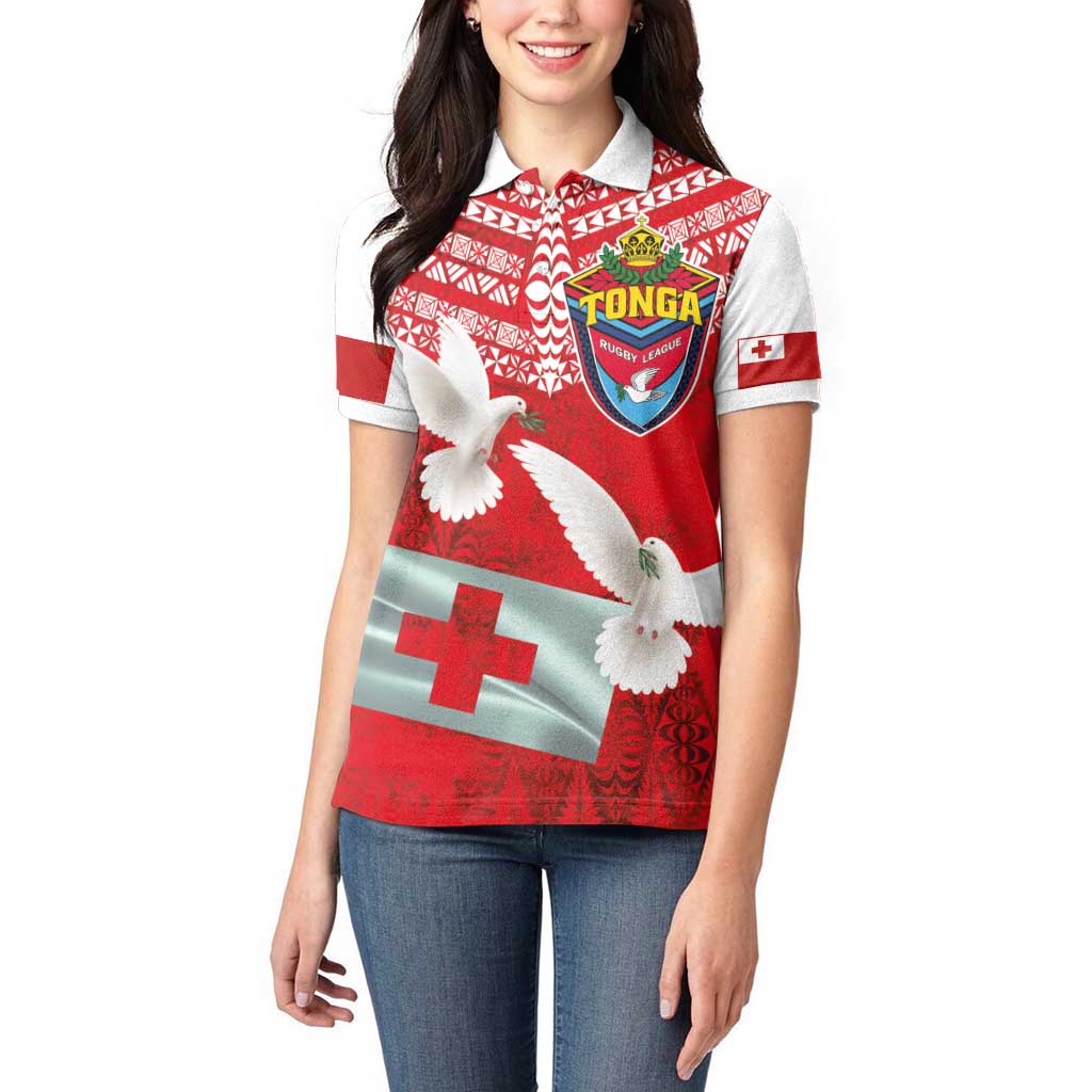 Mate Ma'a Tonga Women Polo Shirt - Double White Dove and Kupesi Ngatu Art Tattoo LT03 - Polynesian Pride