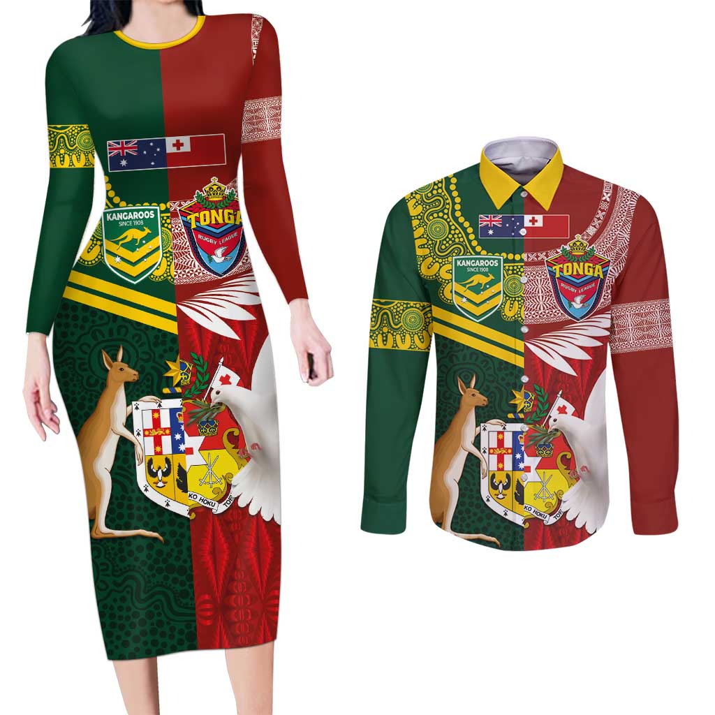 Custom Mate Ma'a Tonga and Australia Kangaroo Couples Matching Long Sleeve Bodycon Dress and Long Sleeve Button Shirt Nation Seal with Mascot Aboriginal and Tongan Kupesi Ngatu Art