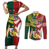 Custom Mate Ma'a Tonga and Australia Kangaroo Couples Matching Short Sleeve Bodycon Dress and Long Sleeve Button Shirt Nation Seal with Mascot Aboriginal and Tongan Kupesi Ngatu Art
