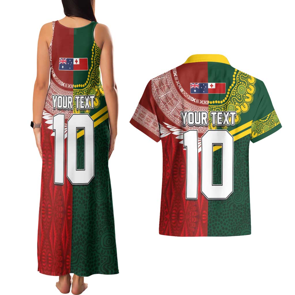 Custom Mate Ma'a Tonga and Australia Kangaroo Couples Matching Tank Maxi Dress and Hawaiian Shirt Nation Seal with Mascot Aboriginal and Tongan Kupesi Ngatu Art