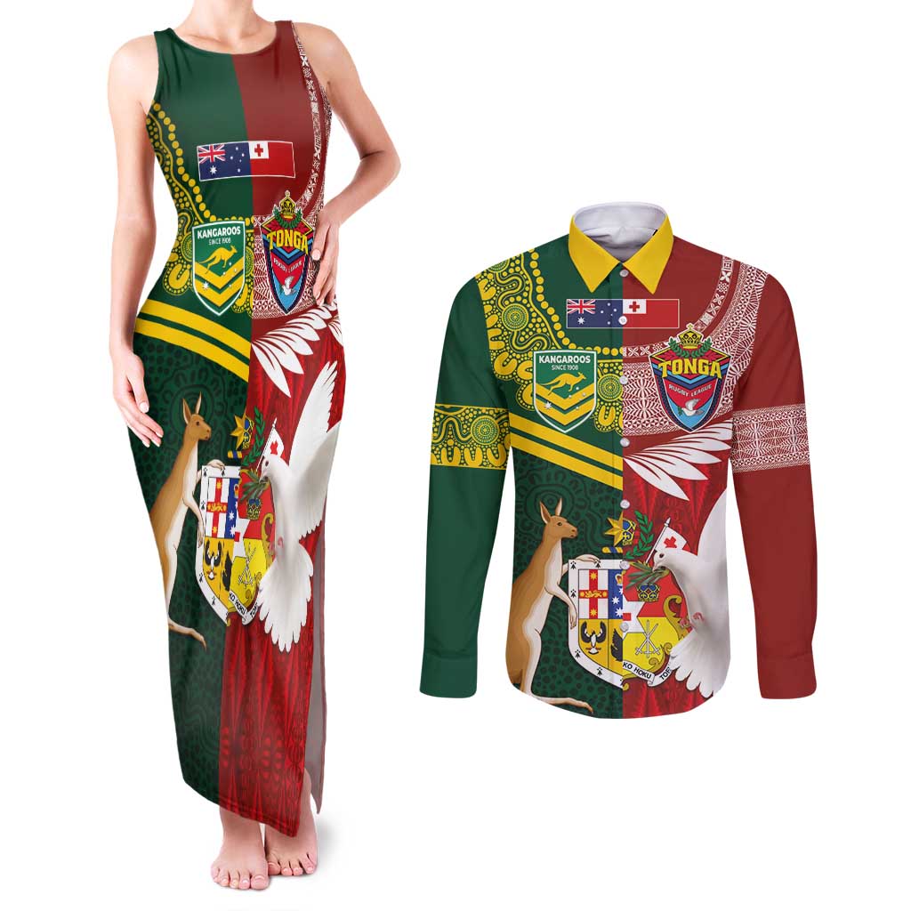 Custom Mate Ma'a Tonga and Australia Kangaroo Couples Matching Tank Maxi Dress and Long Sleeve Button Shirt Nation Seal with Mascot Aboriginal and Tongan Kupesi Ngatu Art