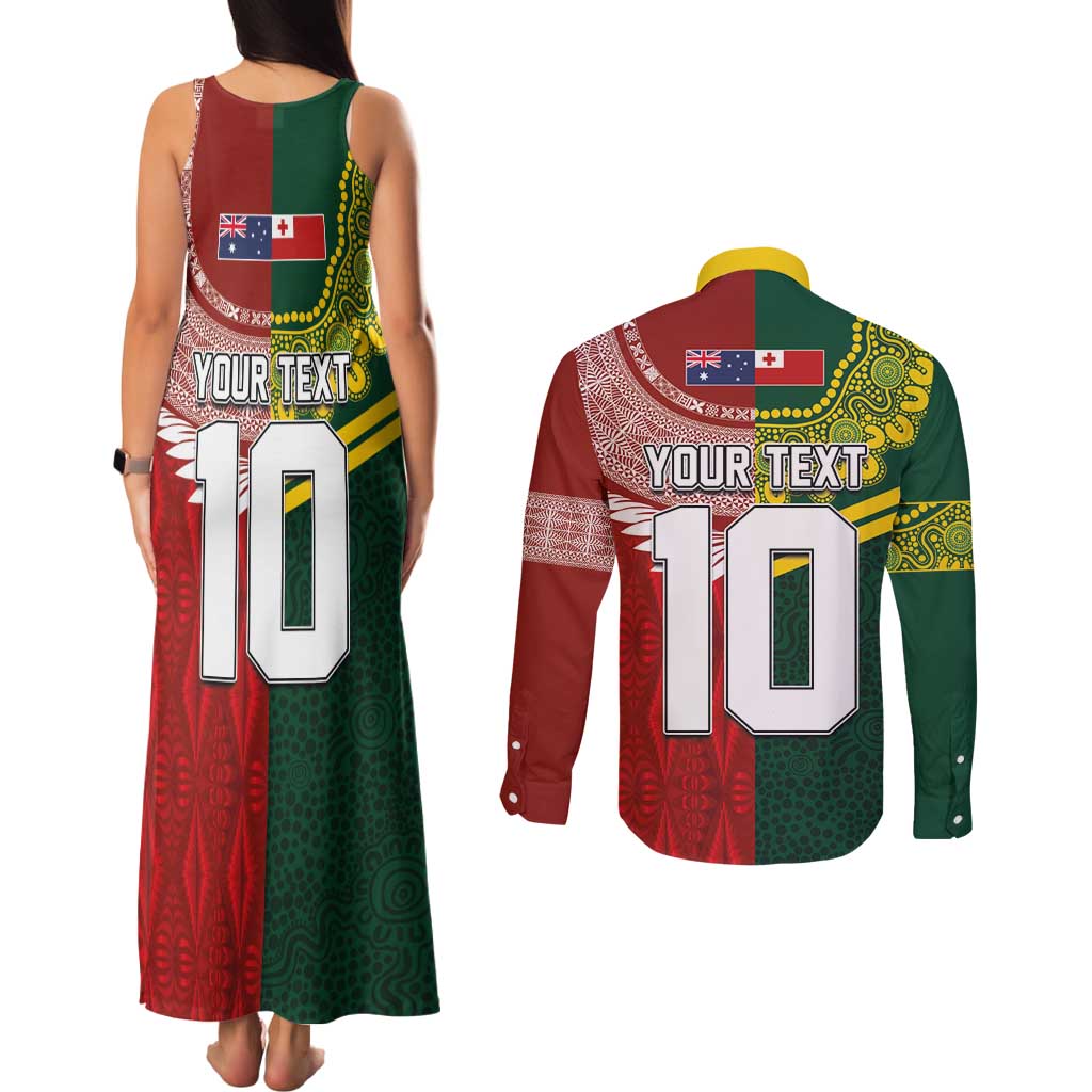 Custom Mate Ma'a Tonga and Australia Kangaroo Couples Matching Tank Maxi Dress and Long Sleeve Button Shirt Nation Seal with Mascot Aboriginal and Tongan Kupesi Ngatu Art