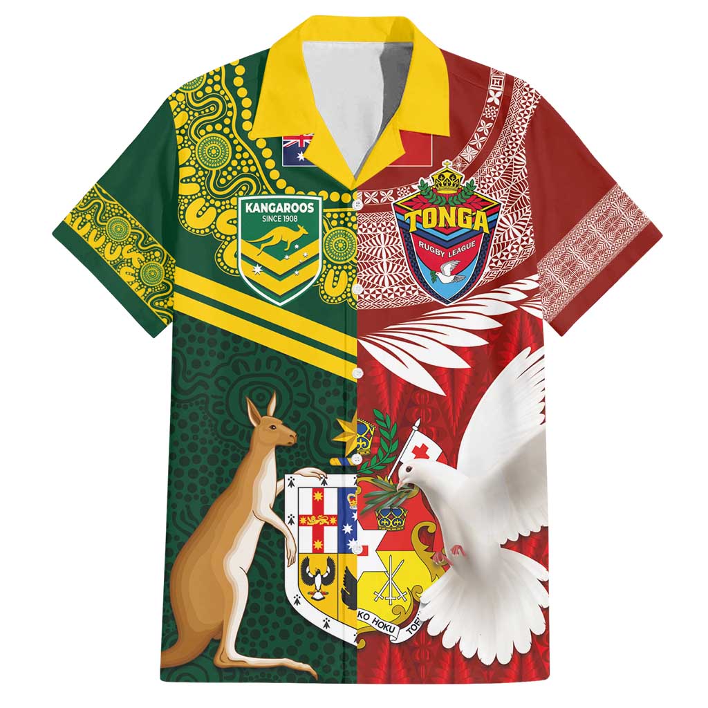 Custom Mate Ma'a Tonga and Australia Kangaroo Family Matching Long Sleeve Bodycon Dress and Hawaiian Shirt Nation Seal with Mascot Aboriginal and Tongan Kupesi Ngatu Art LT03 Dad's Shirt - Short Sleeve Red - Polynesian Pride
