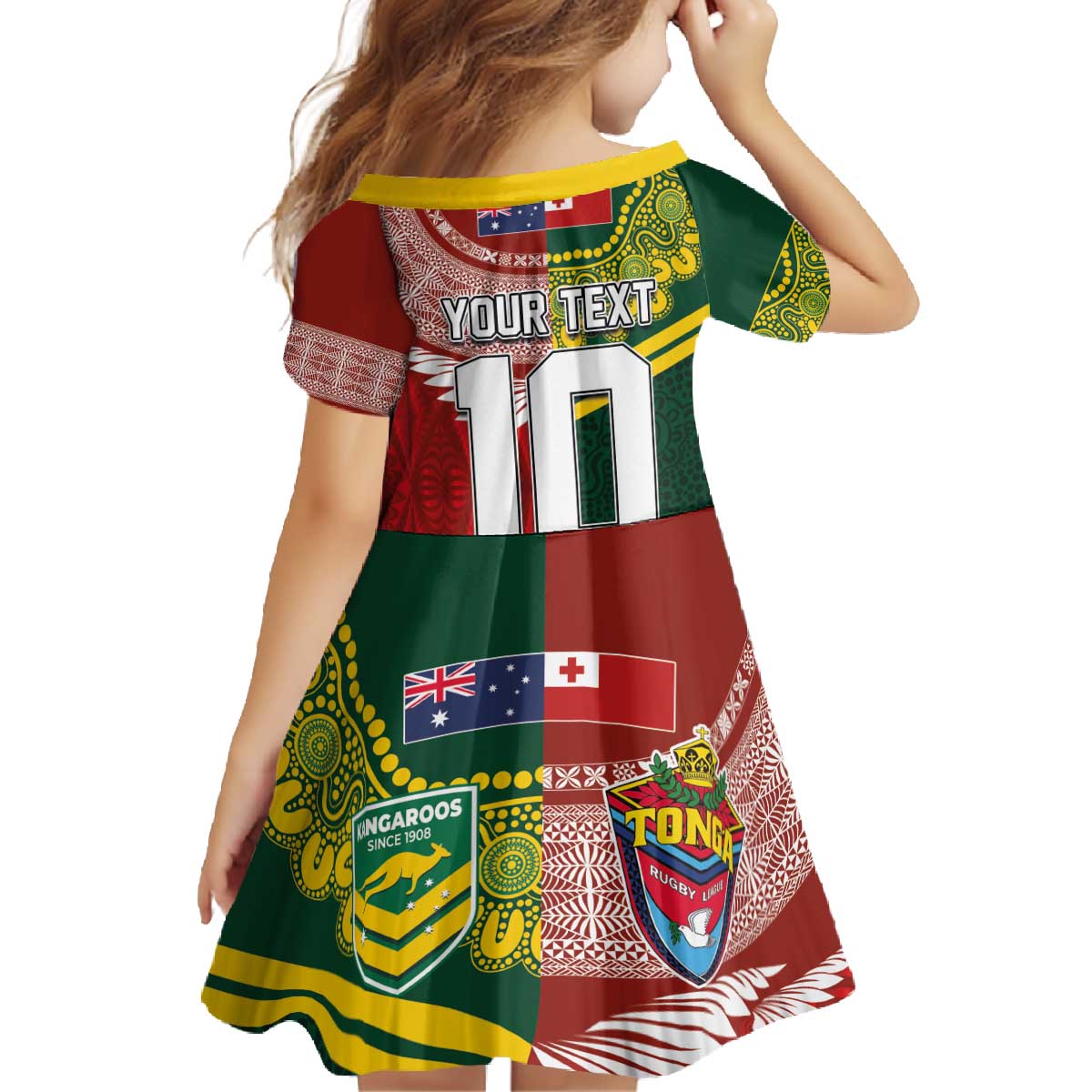 Custom Mate Ma'a Tonga and Australia Kangaroo Family Matching Off The Shoulder Long Sleeve Dress and Hawaiian Shirt Nation Seal with Mascot Aboriginal and Tongan Kupesi Ngatu Art LT03 - Polynesian Pride