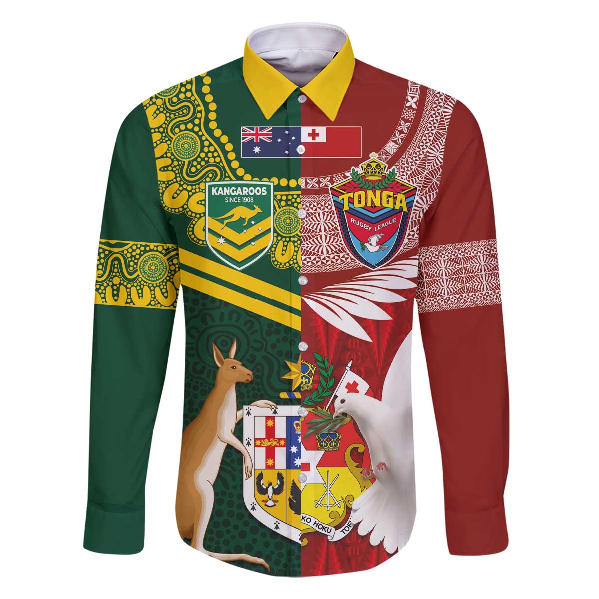 Custom Mate Ma'a Tonga and Australia Kangaroo Family Matching Off The Shoulder Long Sleeve Dress and Hawaiian Shirt Nation Seal with Mascot Aboriginal and Tongan Kupesi Ngatu Art LT03 Dad's Shirt - Long Sleeve Red - Polynesian Pride