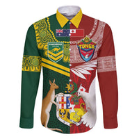 Custom Mate Ma'a Tonga and Australia Kangaroo Family Matching Off The Shoulder Long Sleeve Dress and Hawaiian Shirt Nation Seal with Mascot Aboriginal and Tongan Kupesi Ngatu Art LT03 Dad's Shirt - Long Sleeve Red - Polynesian Pride