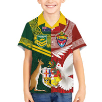 Custom Mate Ma'a Tonga and Australia Kangaroo Family Matching Off The Shoulder Long Sleeve Dress and Hawaiian Shirt Nation Seal with Mascot Aboriginal and Tongan Kupesi Ngatu Art LT03 Son's Shirt Red - Polynesian Pride