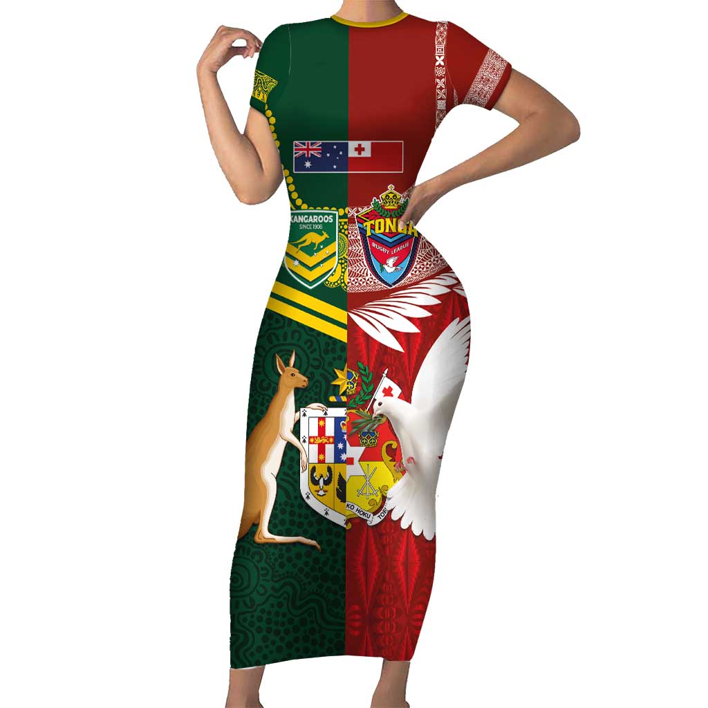 Custom Mate Ma'a Tonga and Australia Kangaroo Family Matching Short Sleeve Bodycon Dress and Hawaiian Shirt Nation Seal with Mascot Aboriginal and Tongan Kupesi Ngatu Art
