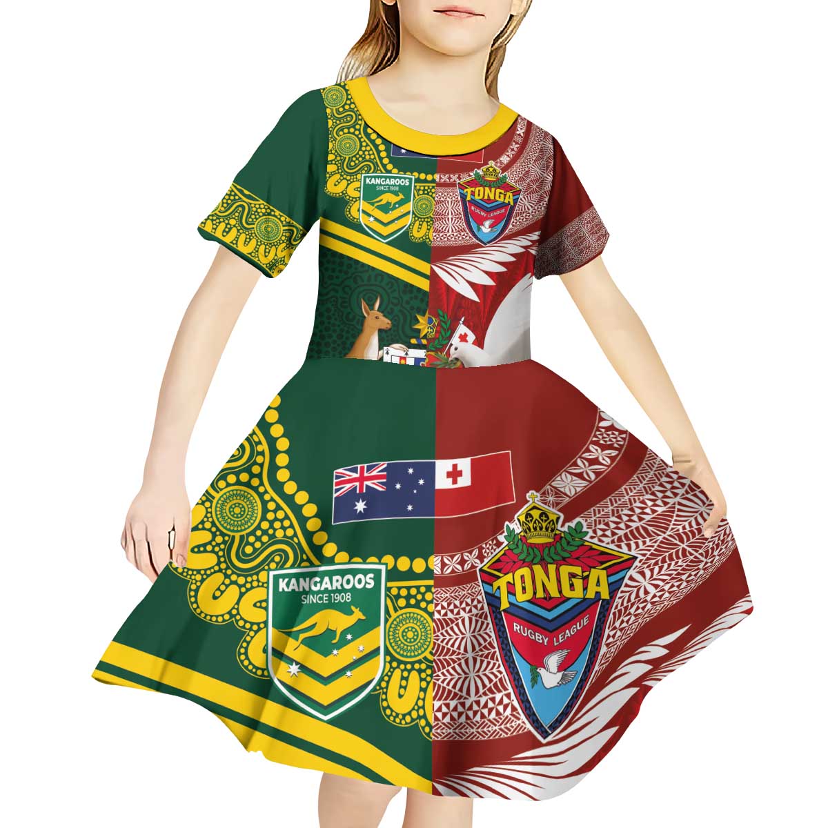 Custom Mate Ma'a Tonga and Australia Kangaroo Kid Short Sleeve Dress Nation Seal with Mascot Aboriginal and Tongan Kupesi Ngatu Art
