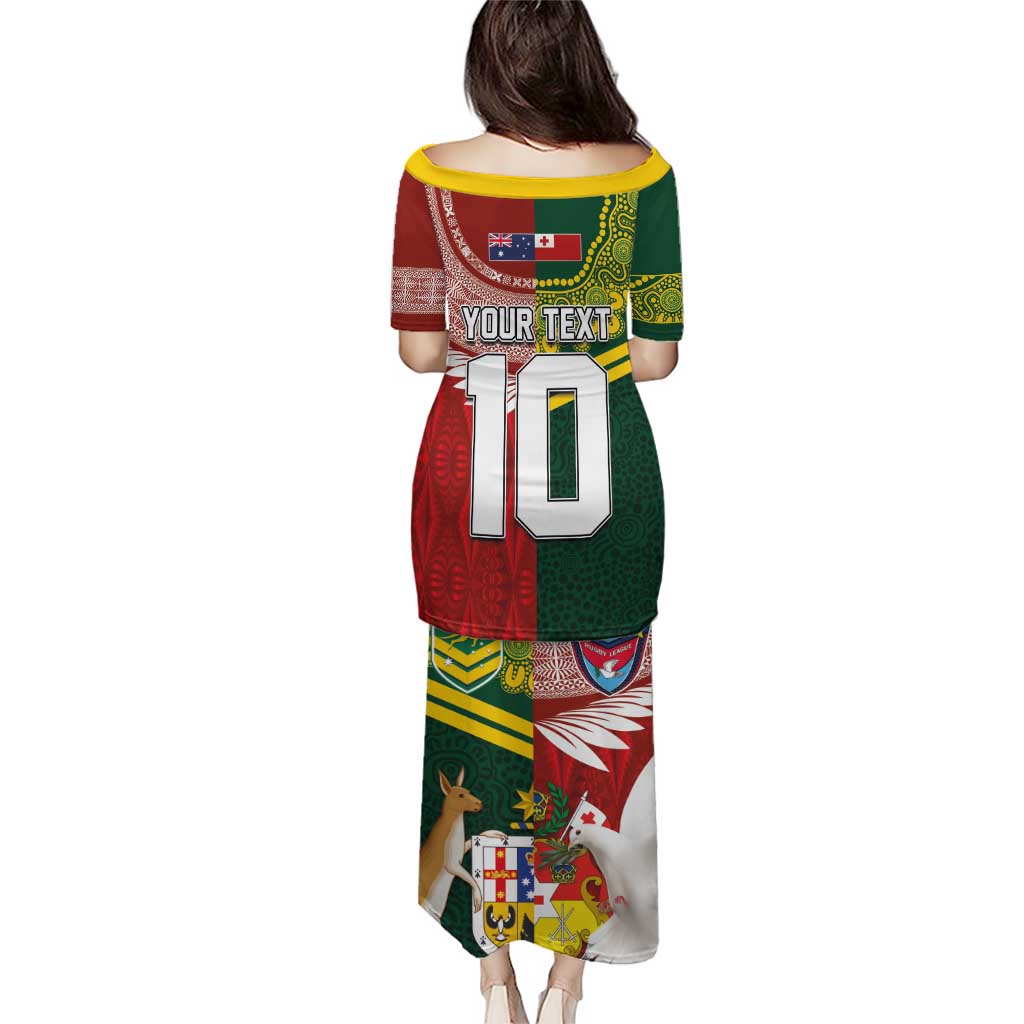 Custom Mate Ma'a Tonga and Australia Kangaroo Puletasi Nation Seal with Mascot Aboriginal and Tongan Kupesi Ngatu Art