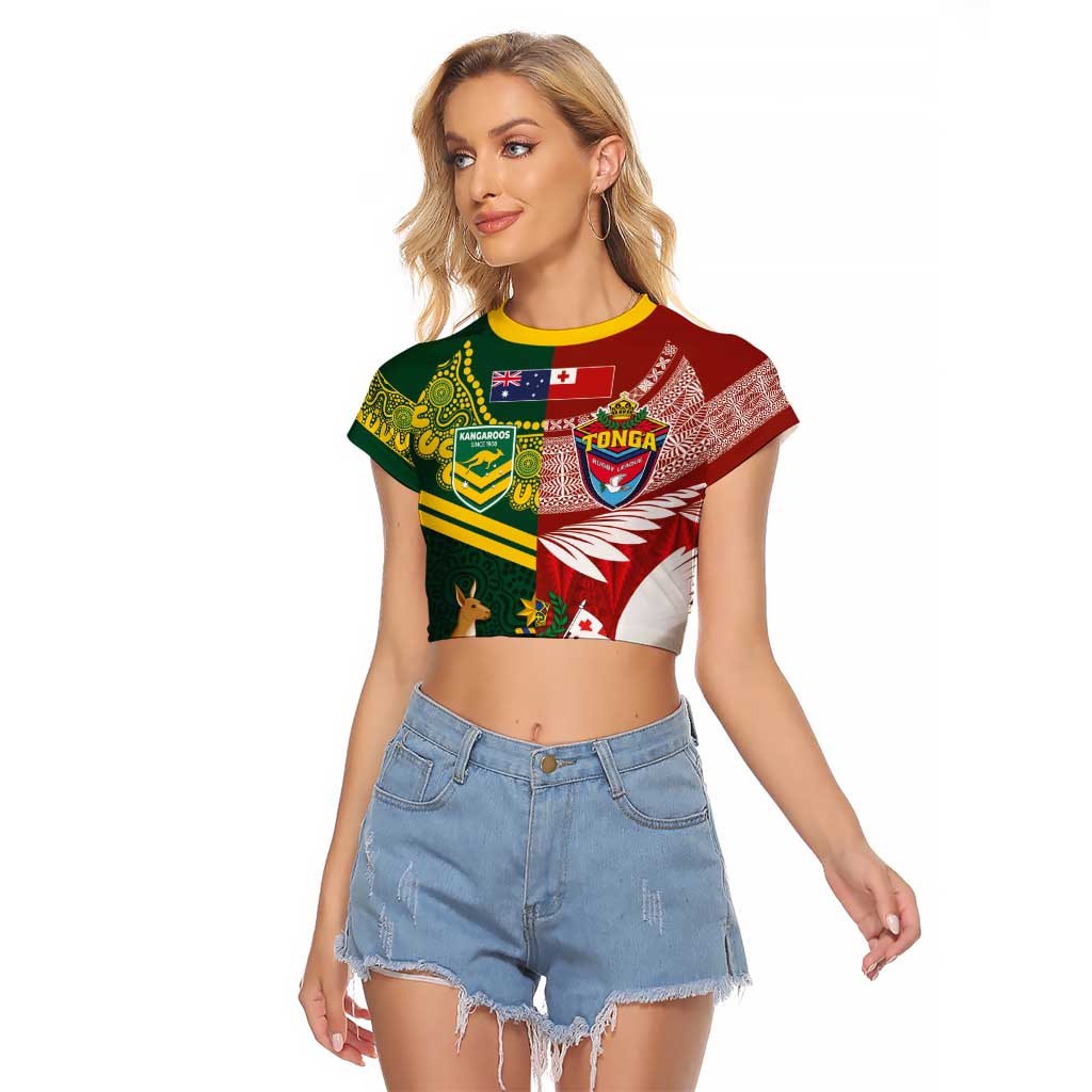 Custom Mate Ma'a Tonga and Australia Kangaroo Raglan Cropped T Shirt Nation Seal with Mascot Aboriginal and Tongan Kupesi Ngatu Art