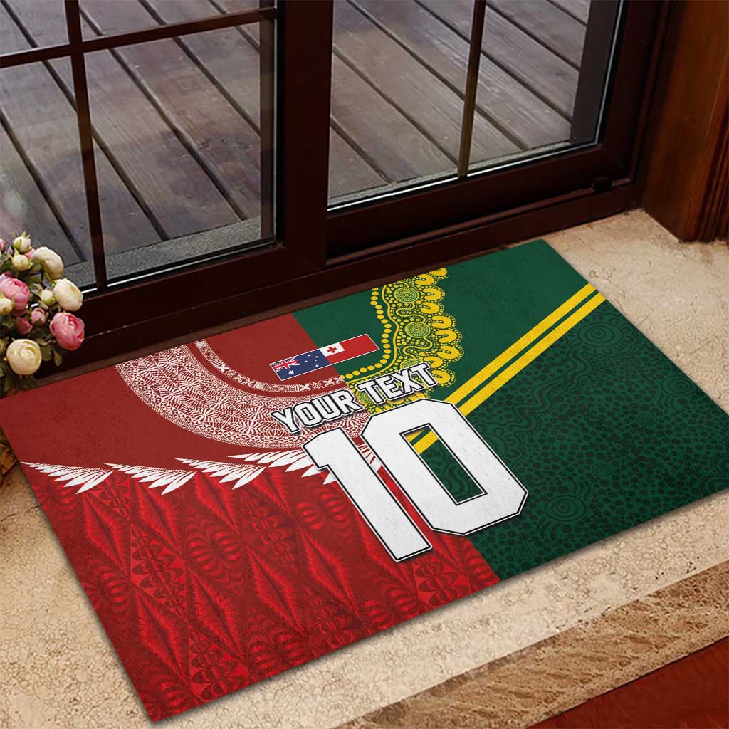 Custom Mate Ma'a Tonga and Australia Kangaroo Rubber Doormat Nation Seal with Mascot Aboriginal and Tongan Kupesi Ngatu Art